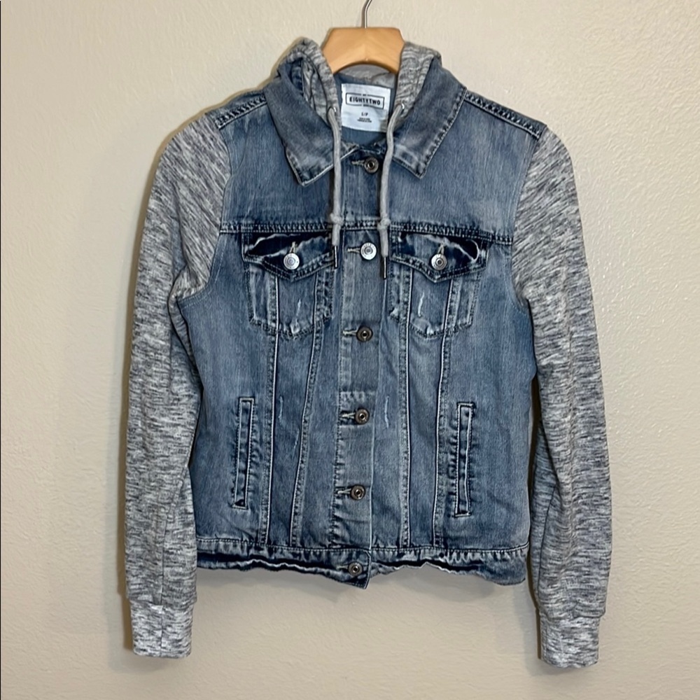 Eighty Two Denim & Knit Hooded Jean Jacket - Picture 1 of 11
